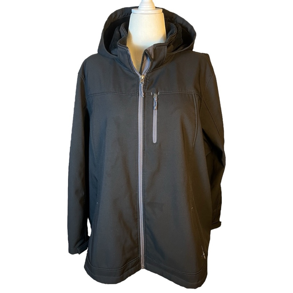 FREE COUNTRY Fleece Lined Hooded Jacket 3X Water Resistant Black Gray Trim 164